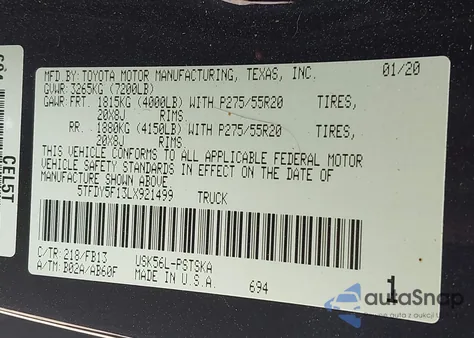 2020 Toyota Tundra Sr5 из США, поврежденный, VIN 5TFDY5F13LX921499